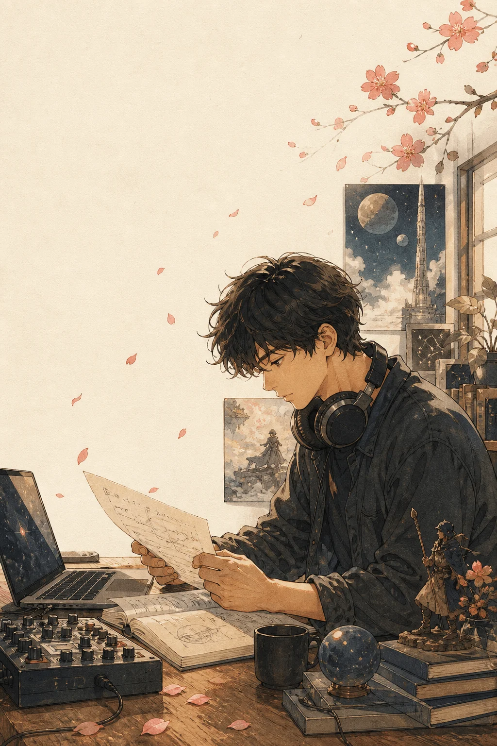 戴着耳机坐在桌前阅读手稿的插画